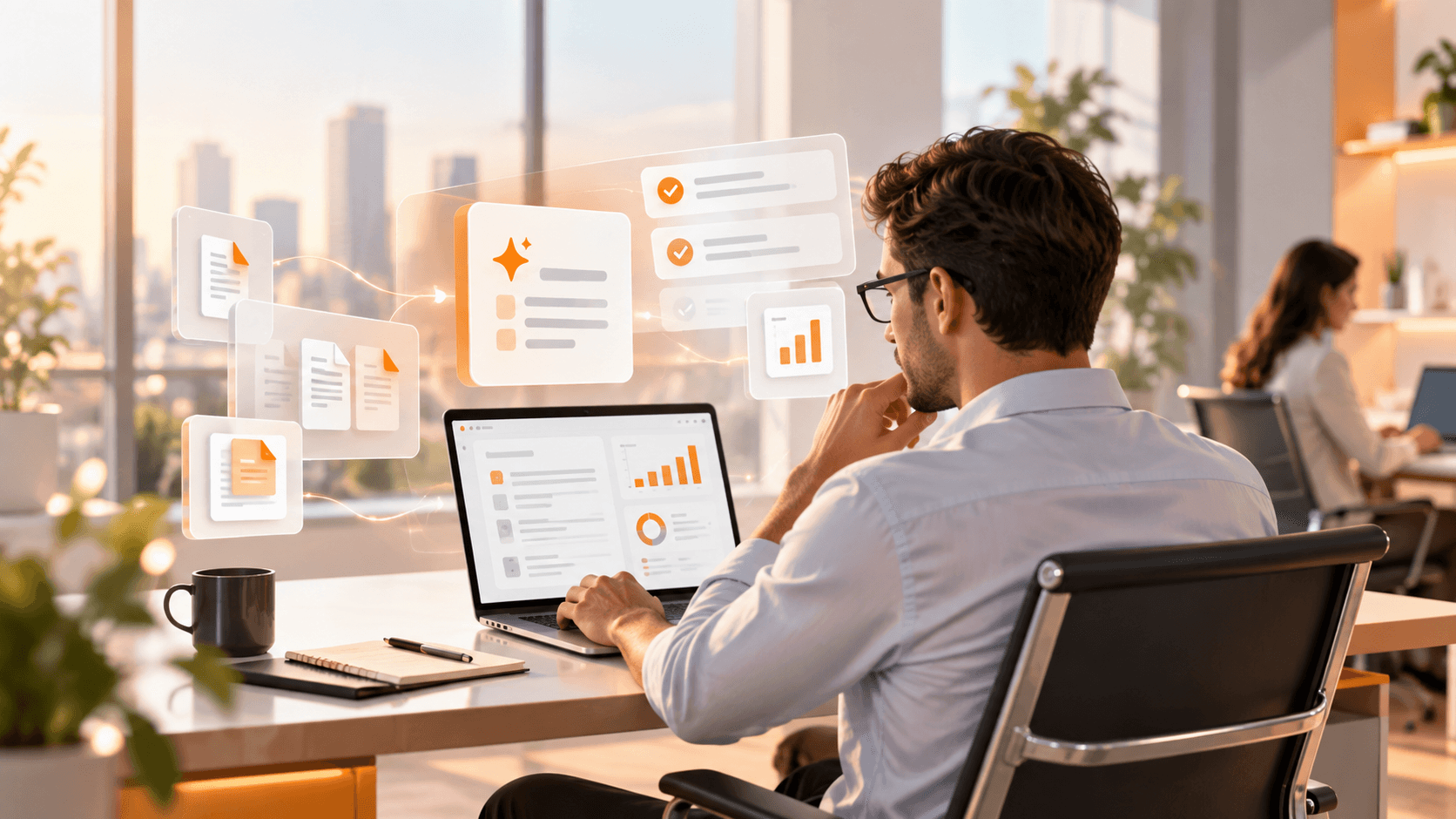 Illustration d’un agent IA intégré aux données, applications et processus métier d’une entreprise.