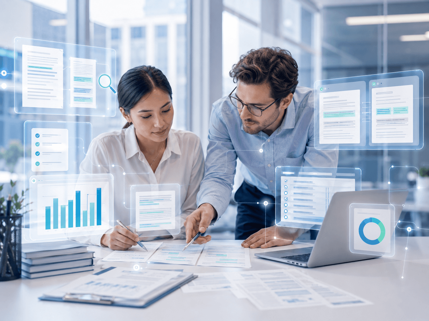 Professionnels utilisant l’intelligence artificielle pour analyser et structurer des documents métier.
