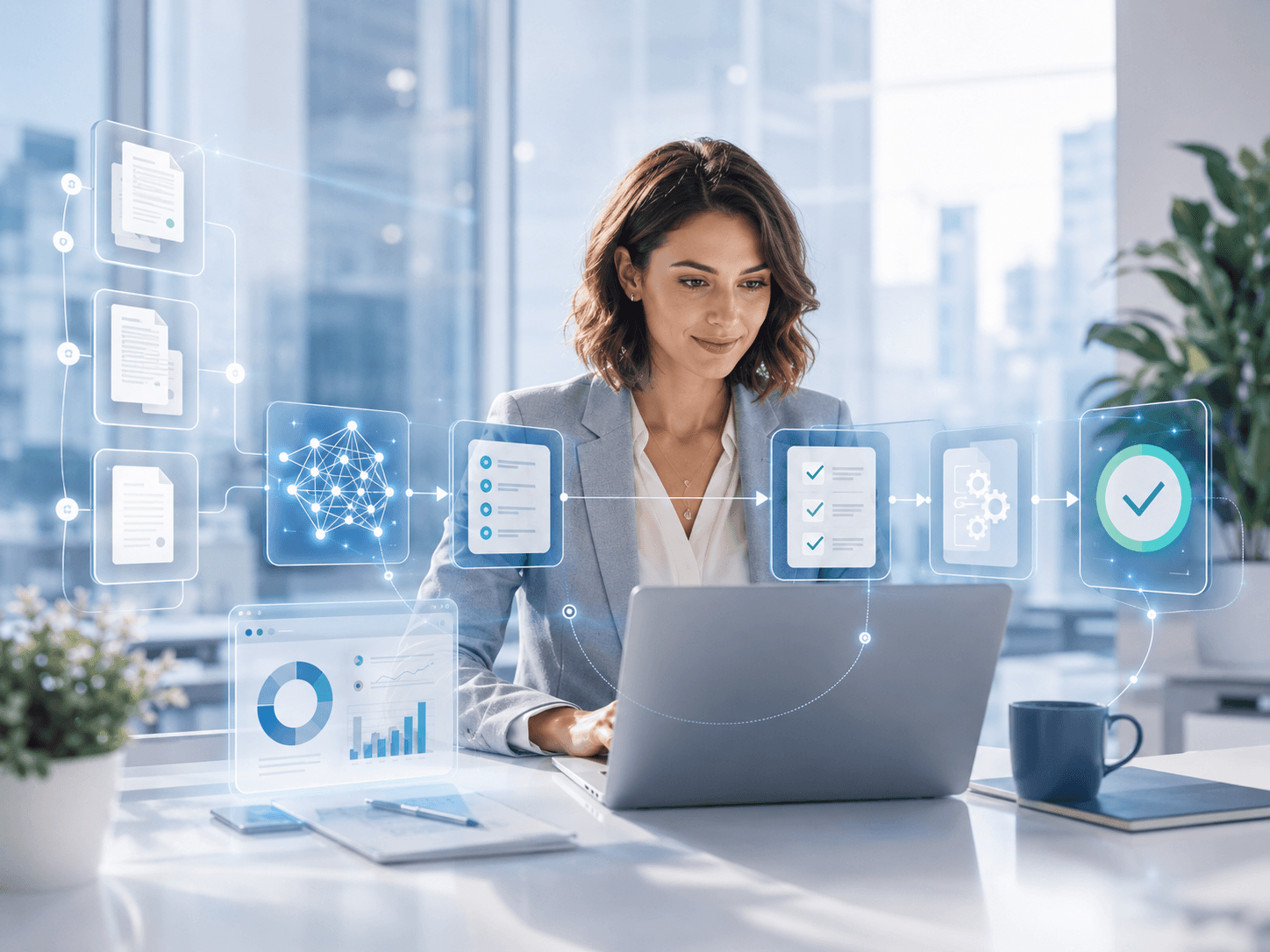 Professionnelle supervisant un processus métier automatisé par intelligence artificielle.