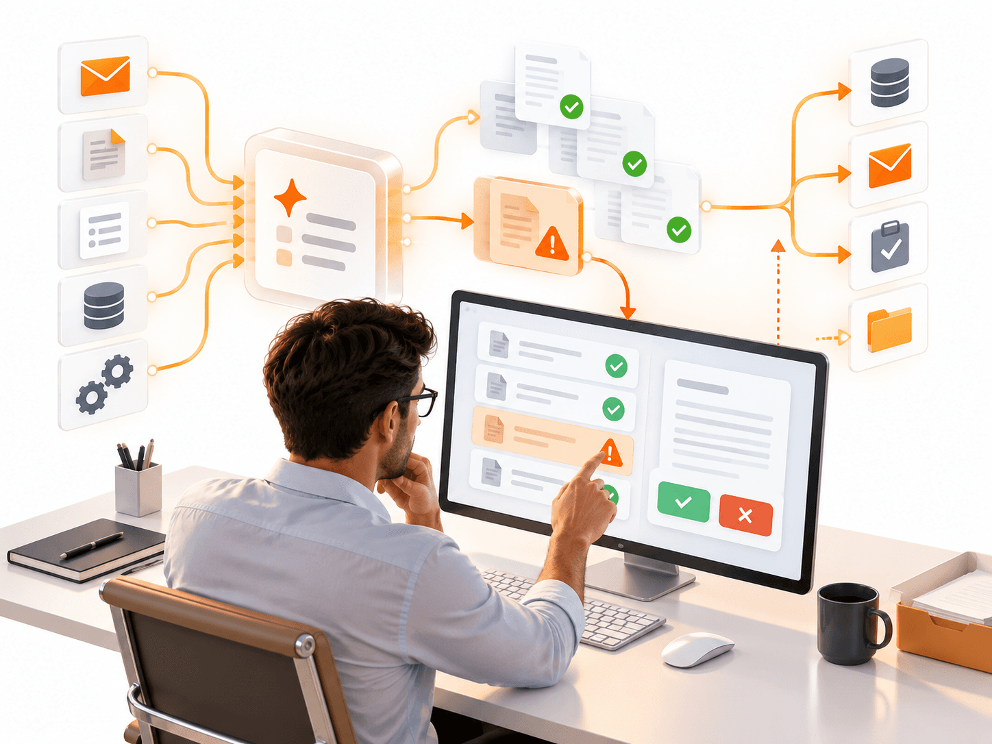 Workflow automatisé avec intelligence artificielle comportant des contrôles, des cas d’erreur et une validation humaine.