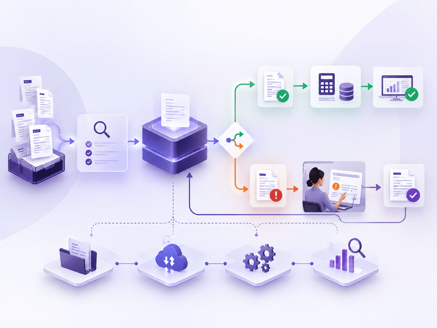 Schéma du workflow automatisé d’une facture dans Odoo avec contrôle automatique, validation humaine en cas d’anomalie puis reprise du traitement