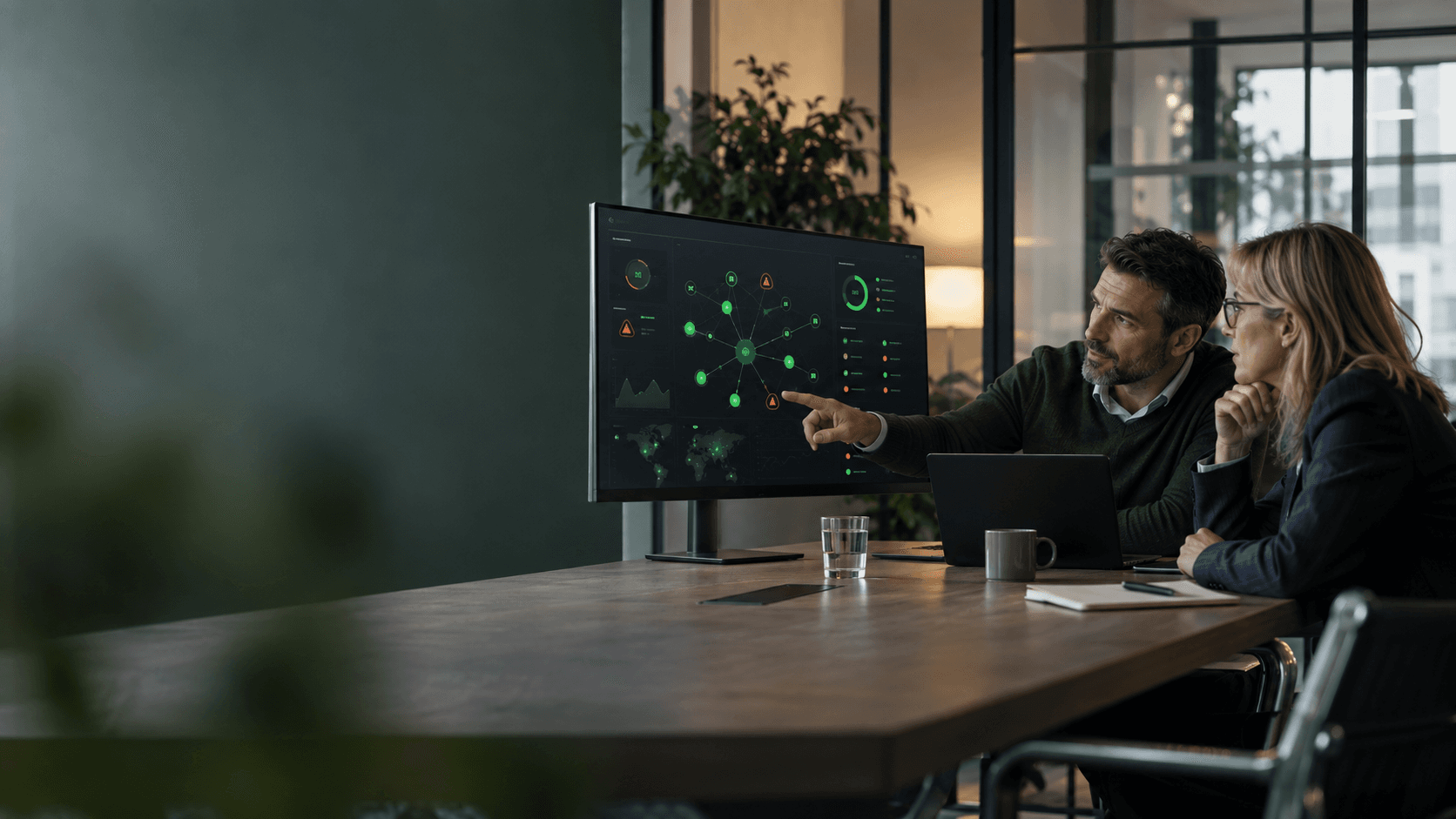 Consultant cybersécurité analysant la sécurité d’une PME avec un responsable de l’entreprise.